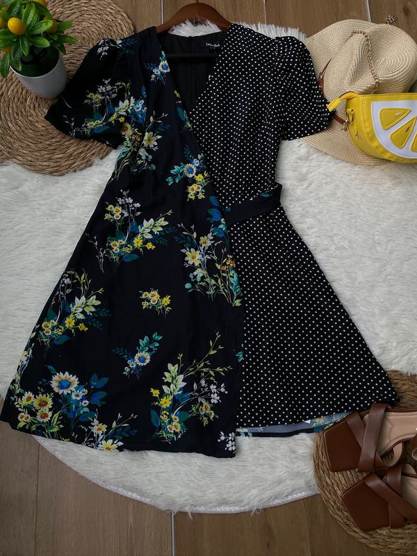 Vestido LEO & VIOLA Midi Floral y Lunares Negro — miniatura 2