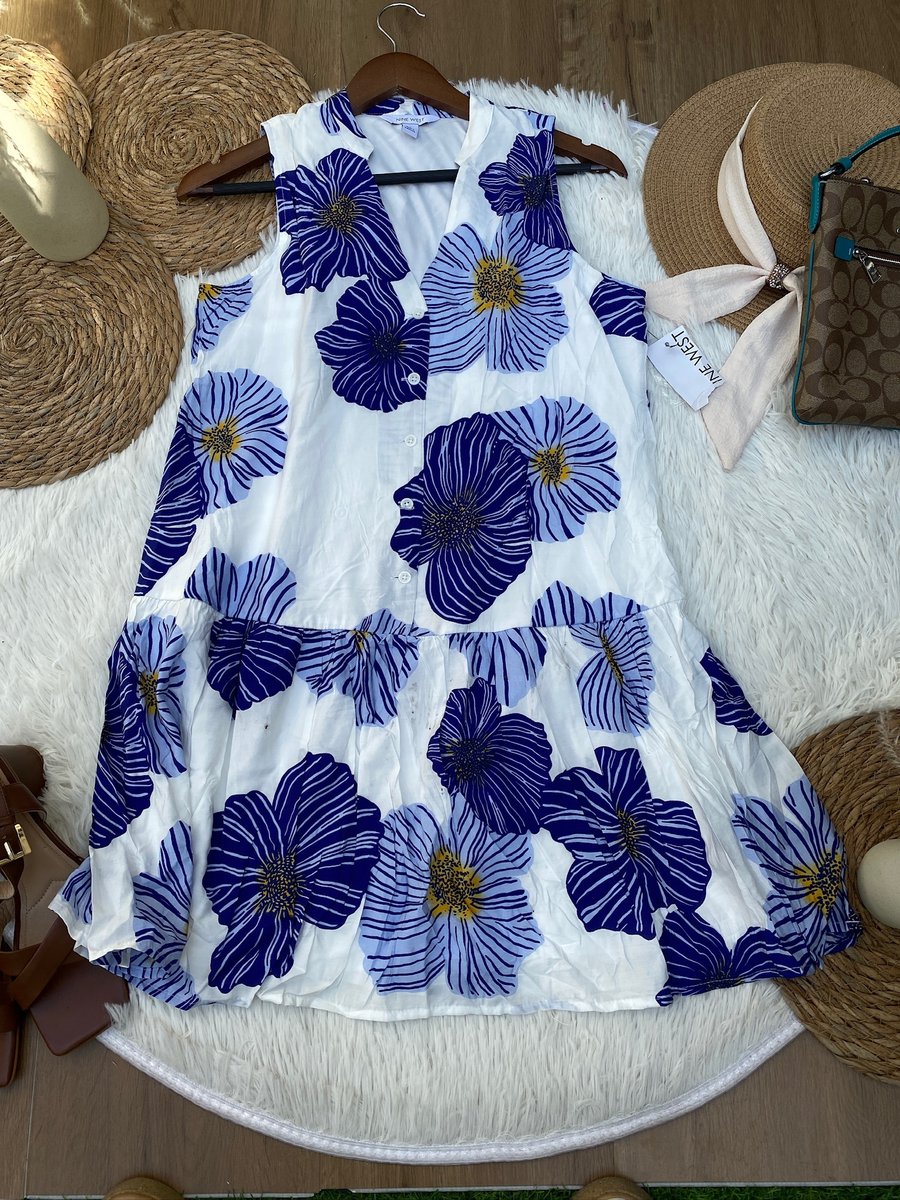 Vestido NINE WEST blanco florado azul — miniatura 2