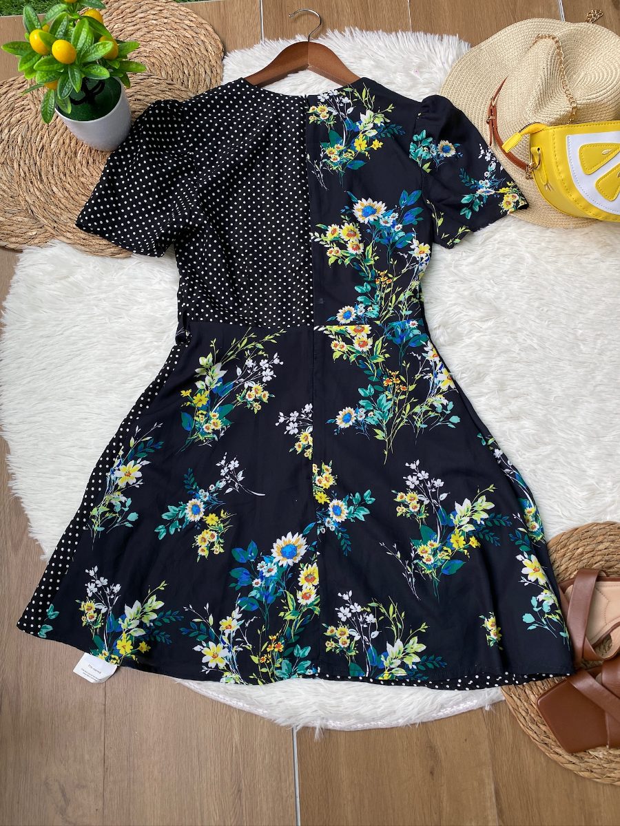 Vestido LEO & VIOLA Midi Floral y Lunares Negro — miniatura 4