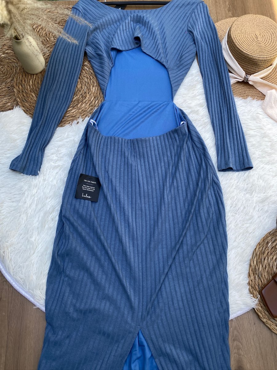 Vestido LULUS Tejido Acanalado Azul Acero — miniatura 3