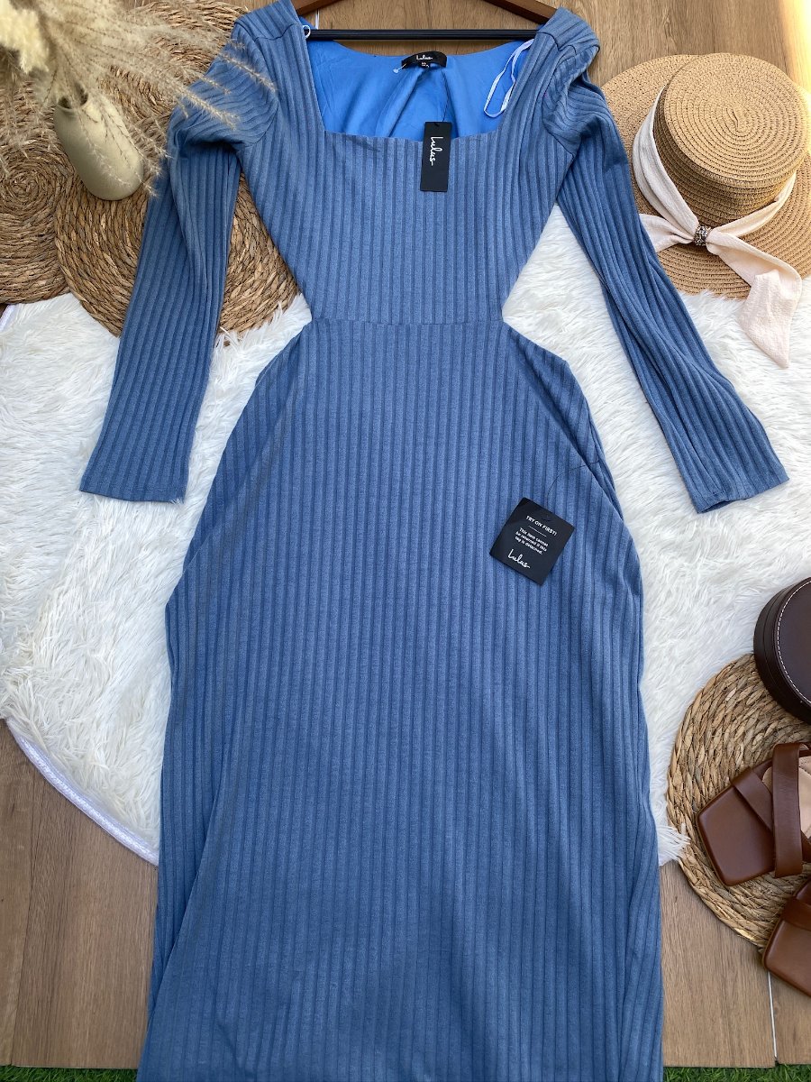 Vestido LULUS Tejido Acanalado Azul Acero — miniatura 2