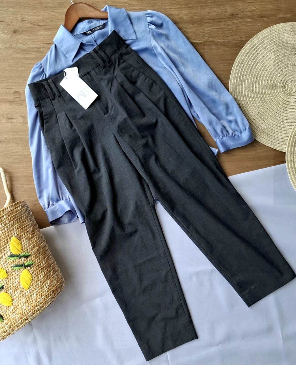 Pantalón ZARA Paperbag Gris Oxford — miniatura 3