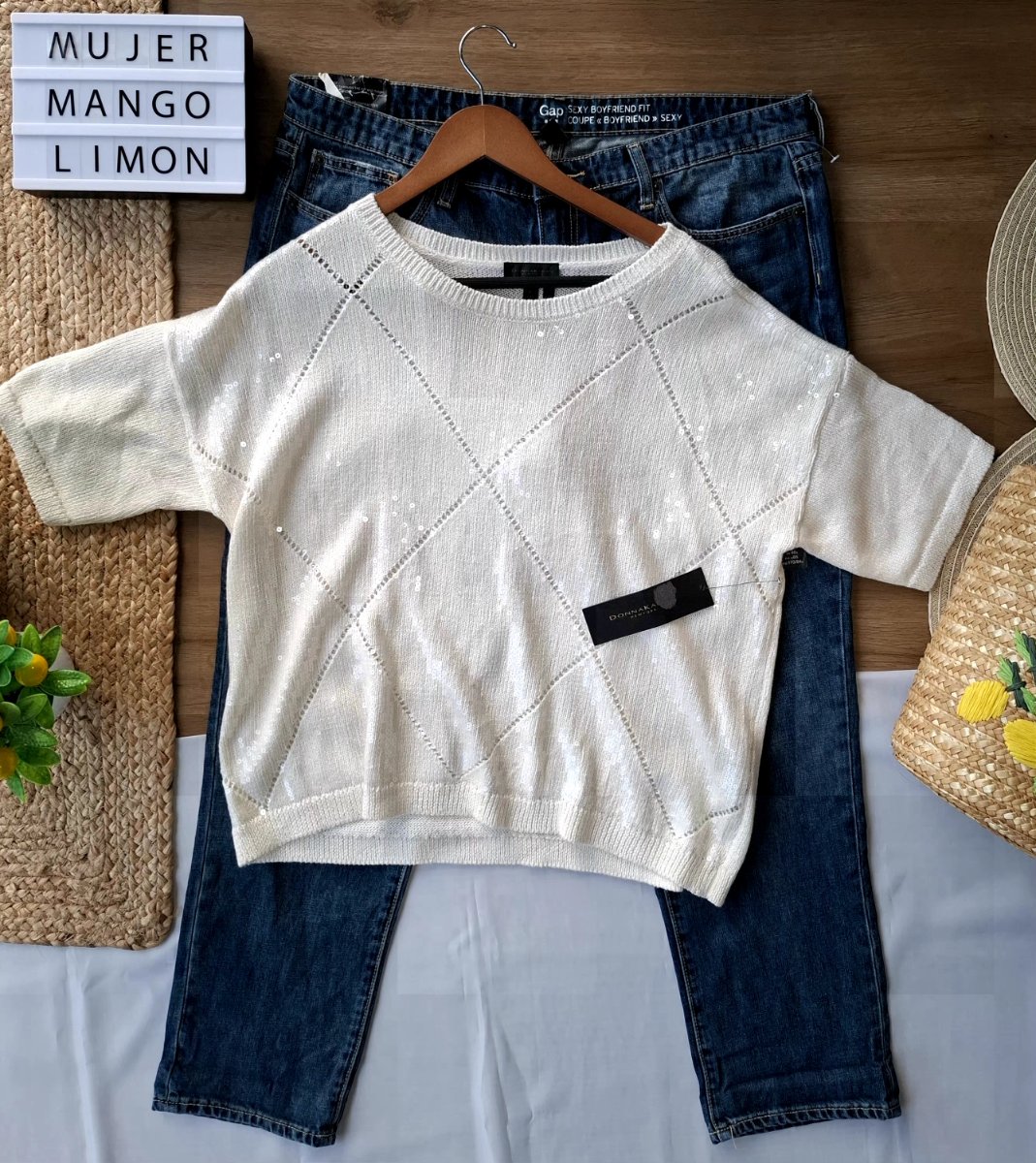 Blusa Tejida DONNA KARAN NEW YORK Marfil con Brillos — miniatura 5