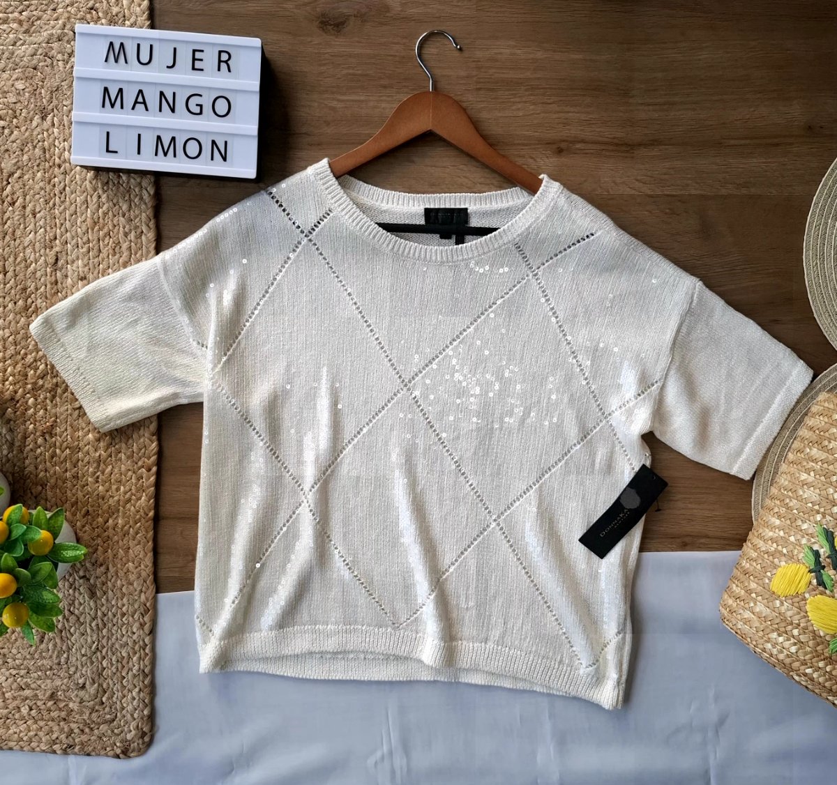 Blusa Tejida DONNA KARAN NEW YORK Marfil con Brillos — miniatura 2