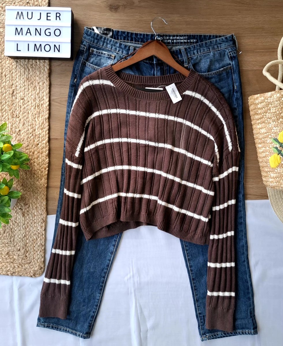 Suéter Cropped AÉROPOSTALE Café Rayado — miniatura 5