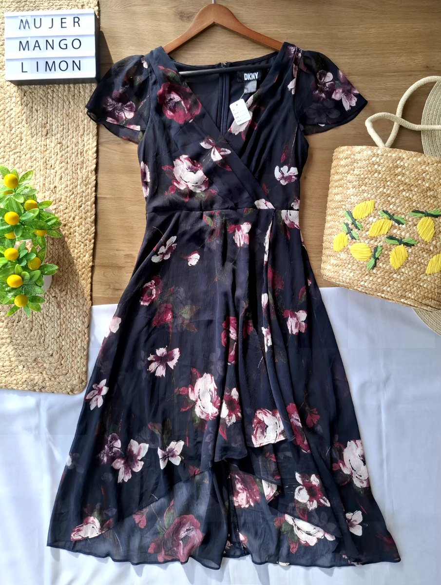 Vestido DKNY Floral Negro Cruzado — miniatura 2