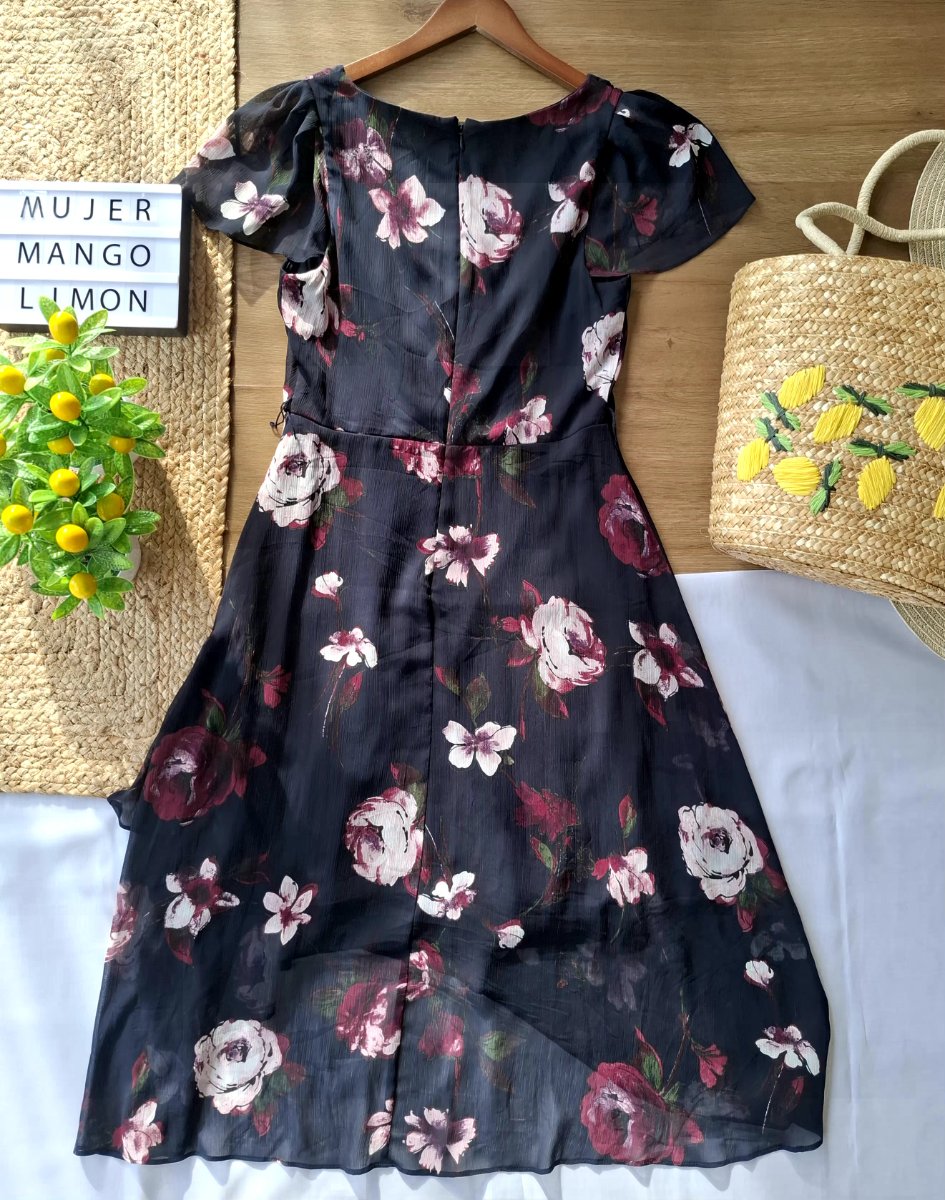 Vestido DKNY Floral Negro Cruzado — miniatura 3