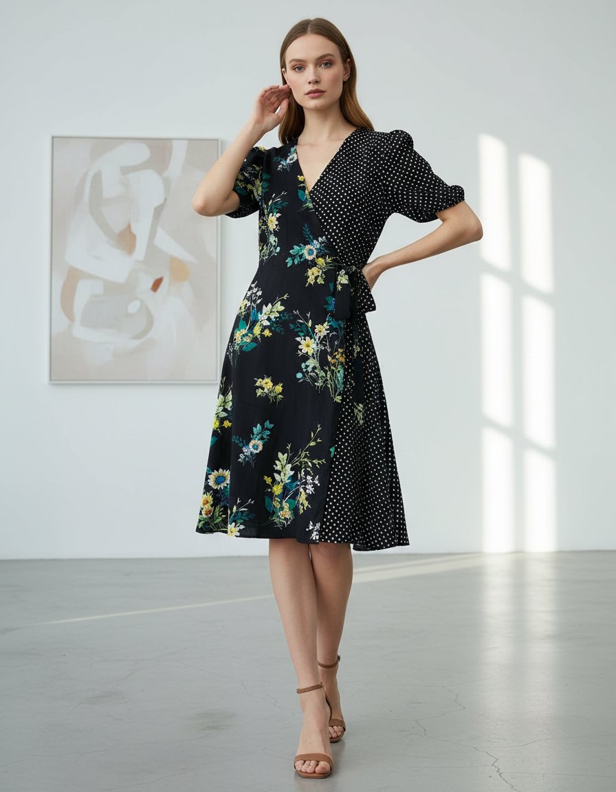 Vestido LEO & VIOLA Midi Floral y Lunares Negro