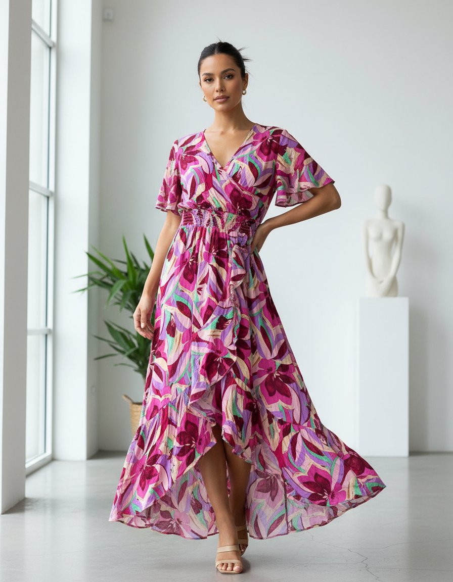 Vestido KorMei floreado fiucsa