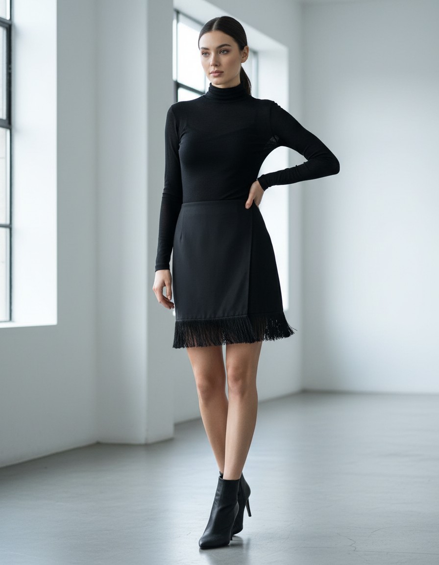 Falda ZARA Negra con Flecos Elegantes