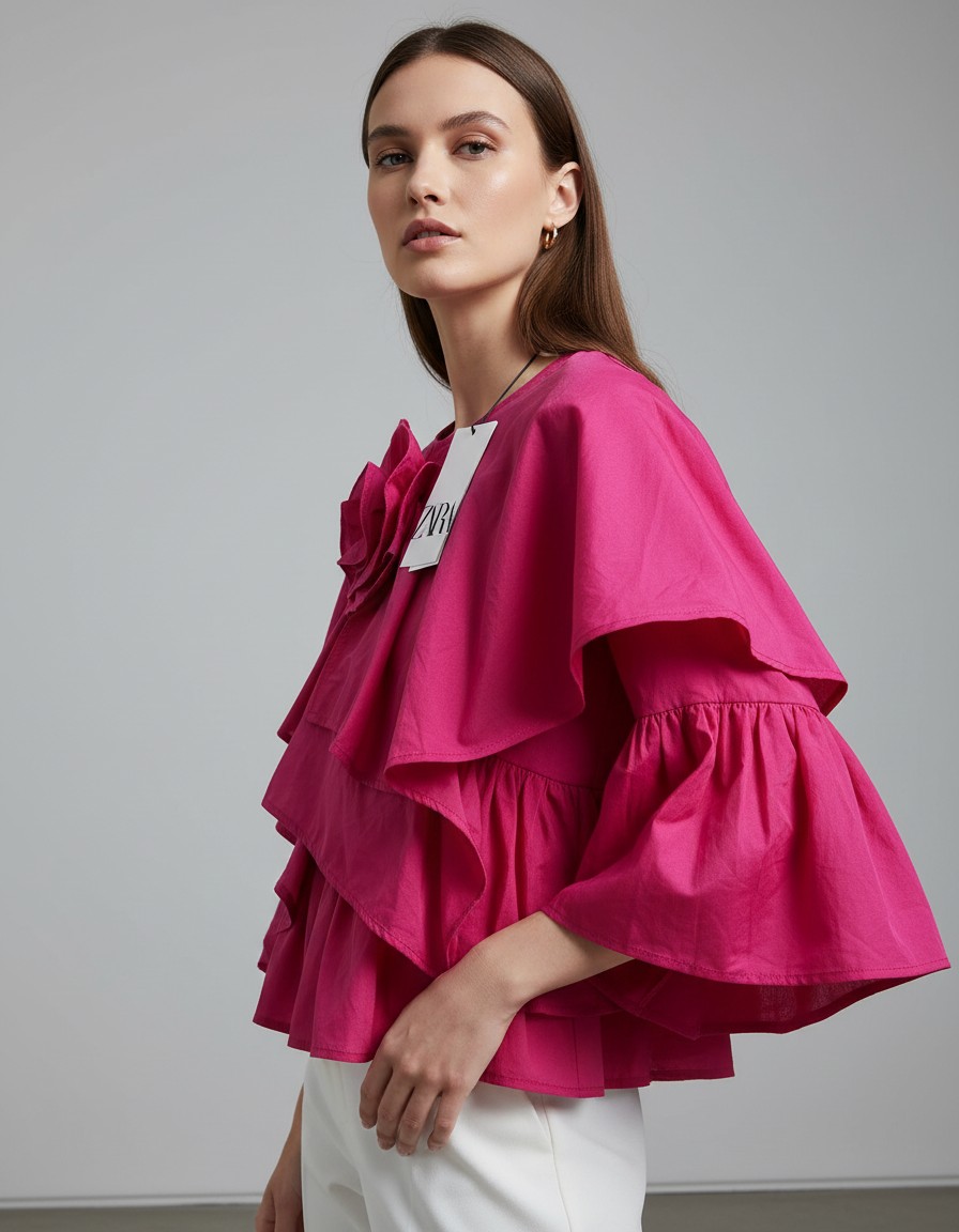 Top ZARA Fucsia con Maxi Volantes y Flor