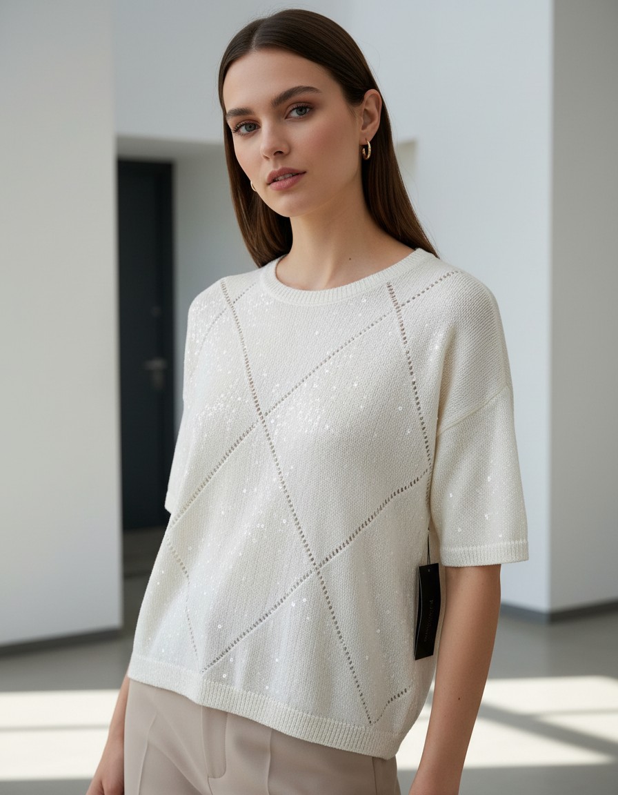 Blusa Tejida DONNA KARAN NEW YORK Marfil con Brillos