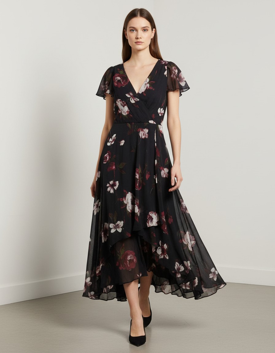 Vestido DKNY Floral Negro Cruzado